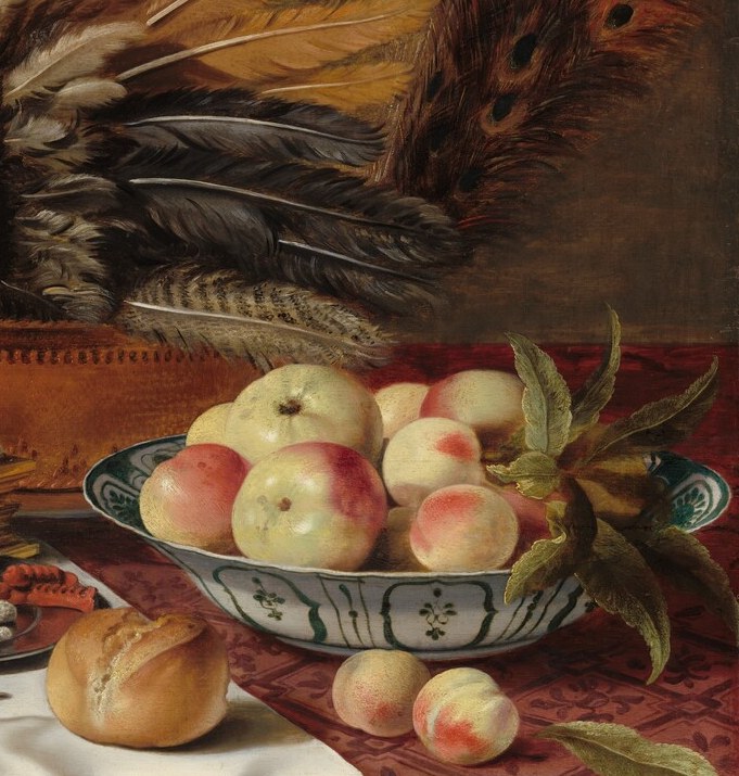 Fruit shown at perfect peak ripeness , a standard Dutch vanitas device reminding the viewer that this moment of abundance is already passing