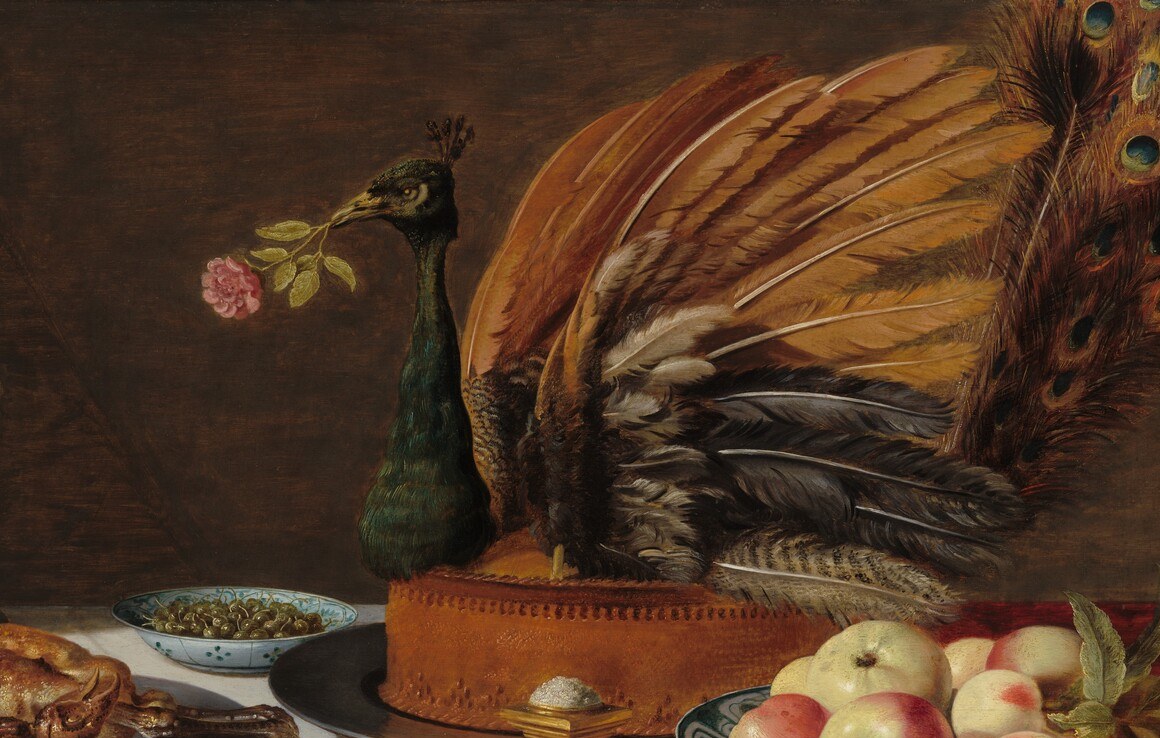 The iridescent eye-spots are a technical summit , paint simulating structural coloration , and a coded vanitas symbol of aristocratic pride doomed to decay
