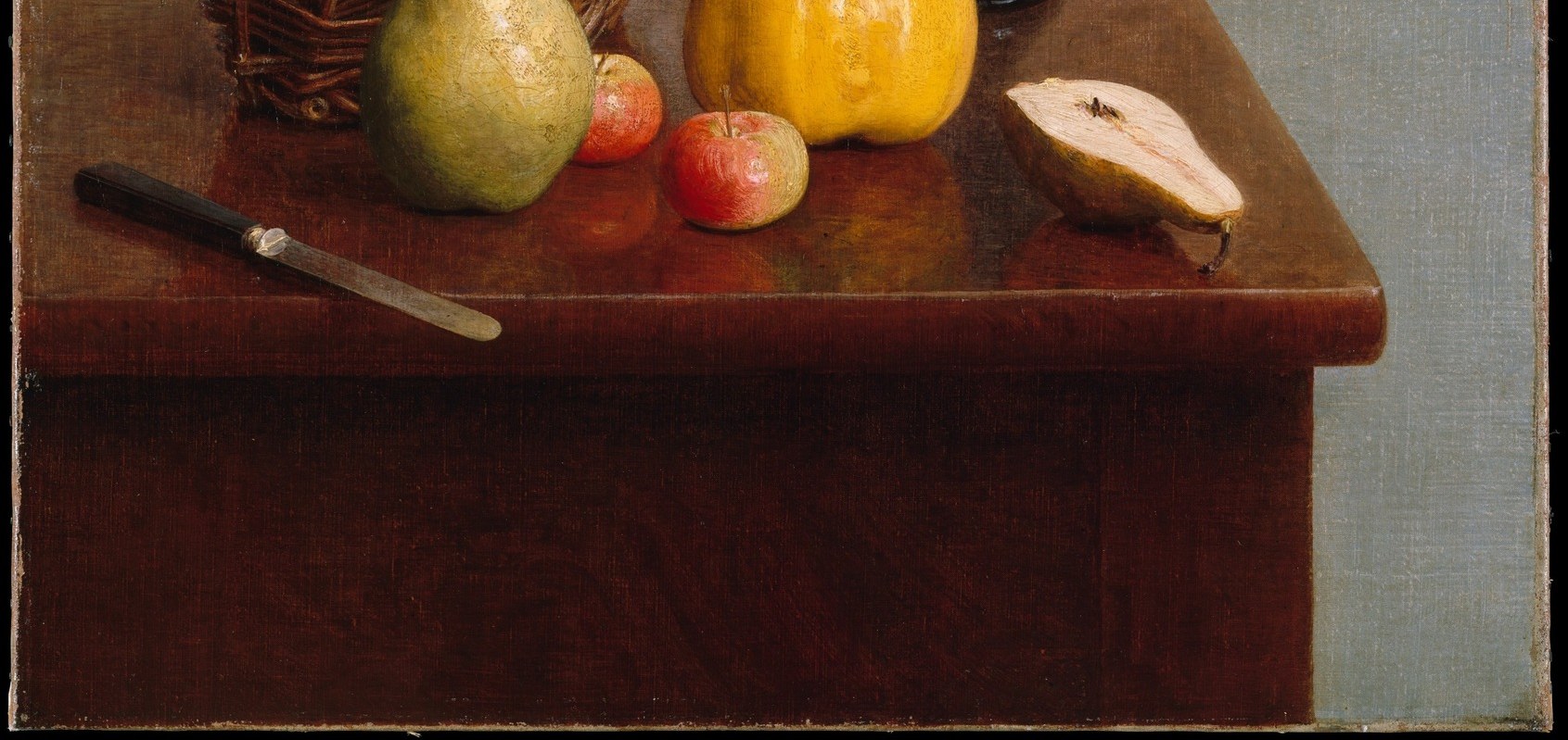 The warm cadmium-red table acts as a chromatic counterpoint to the cool grey wall; its gloss creates faint reflections of fruit undersides , look carefully in the lower-right quadrant.