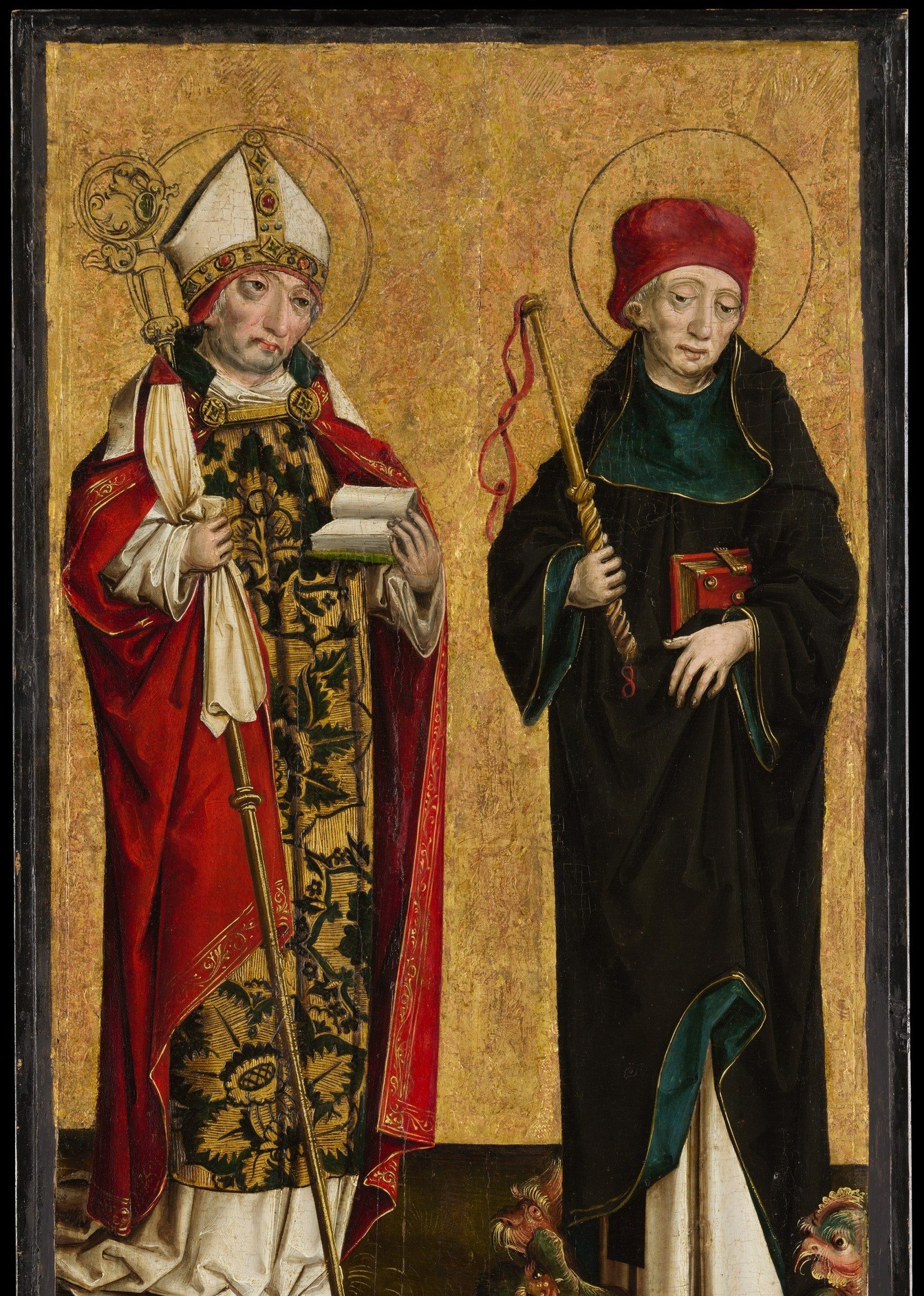 The unmodulated gold ground deliberately suppresses spatial recession, framing both saints as timeless heavenly presences rather than historical actors , a deliberate archaizing choice in 1496 when naturalistic landscapes were available.