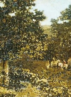 The brightest focal point in the mid-ground; its pale canvas catches ambient light and anchors the entire composition, directing the eye inward from the dark tree mass.