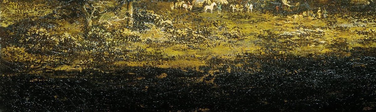 Nearly black and texturally rich, the foreground functions as a visual threshold , a viewer must cross this shadow zone before reaching the lit encampment; it amplifies drama through contrast.