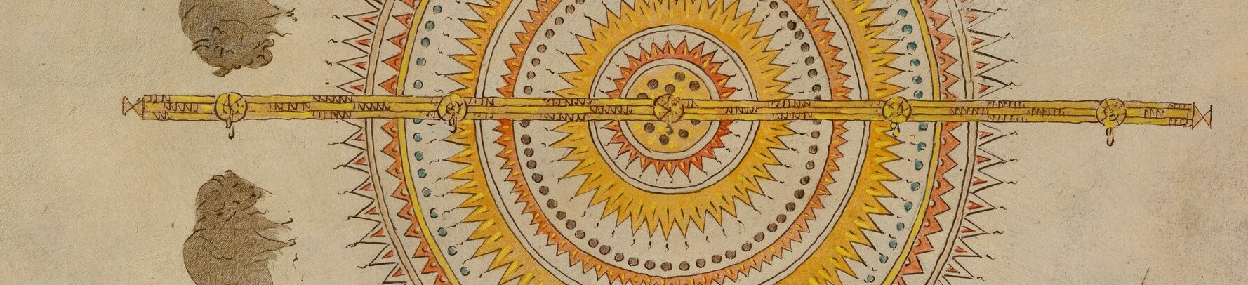 This bar cuts across the mandala, possibly representing a path, a boundary, or a connection between different realms.