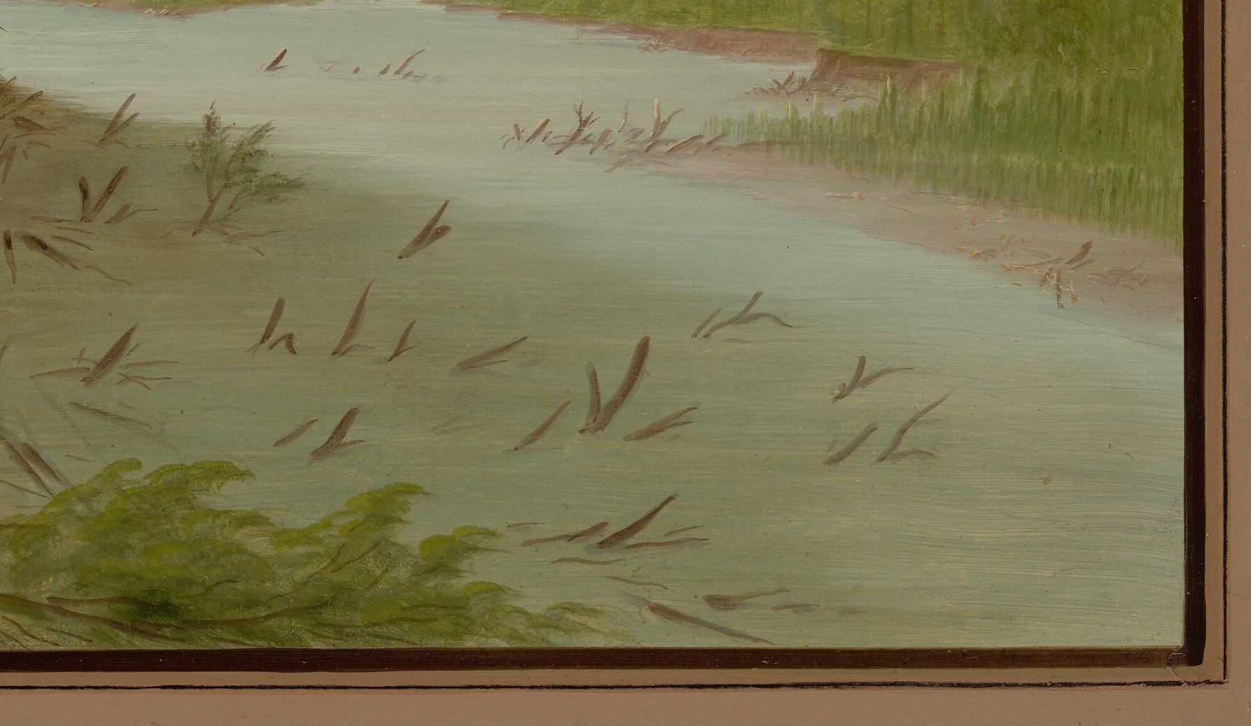 Look closely at the lower right corner, beneath the water.