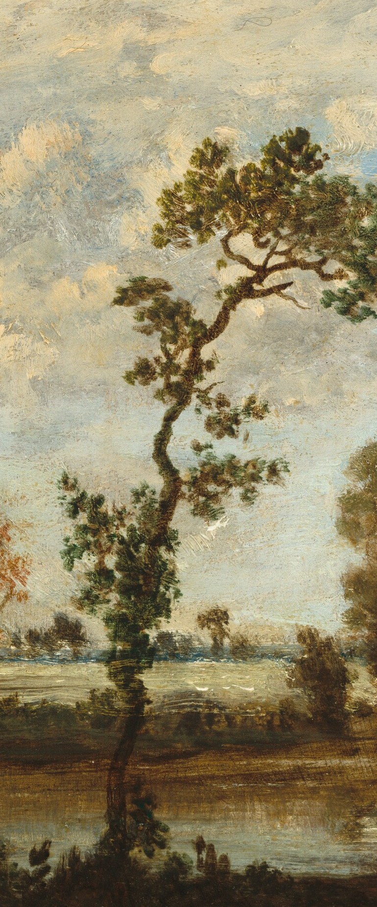 The compositional spine of the painting; its gnarled silhouette against the luminous sky is Rousseau's signature motif , a tree individualized like a portrait subject.