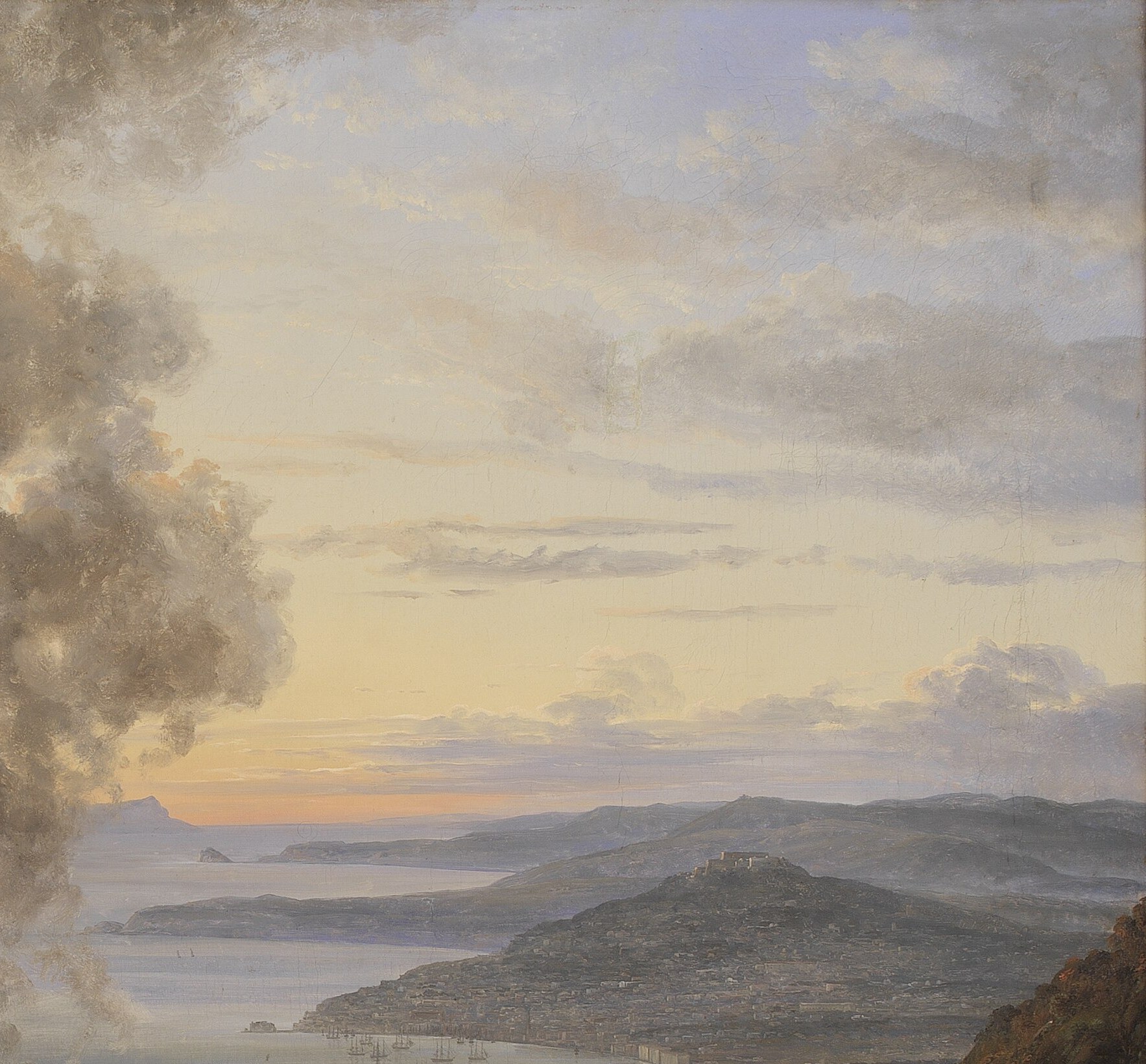 The sky, illuminated by the eruption's glow and sunset hues, contributes to the sublime and dramatic atmosphere.