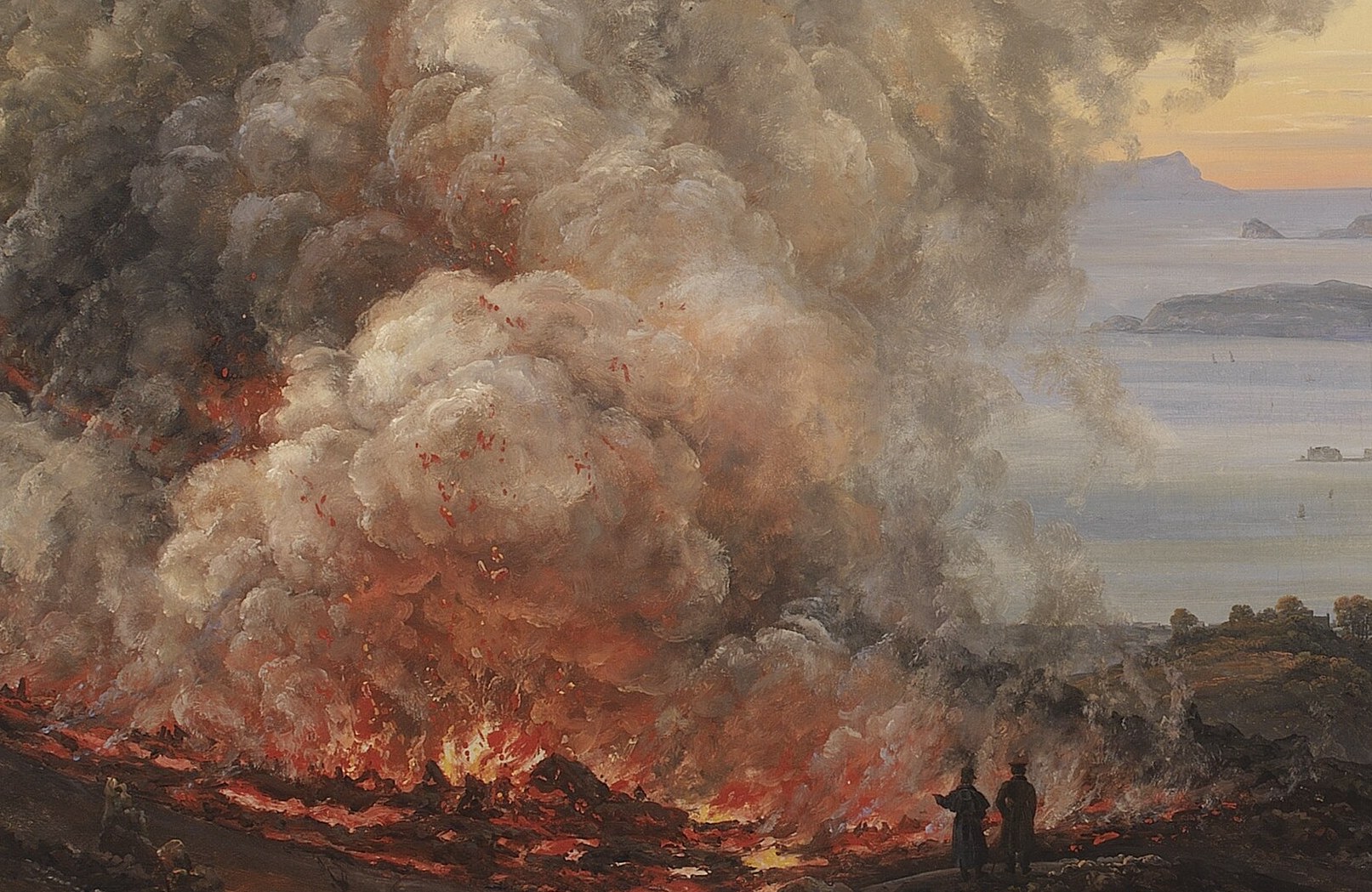 The bright, molten rock creates a stark contrast with the dark landscape, symbolizing destruction and raw power.