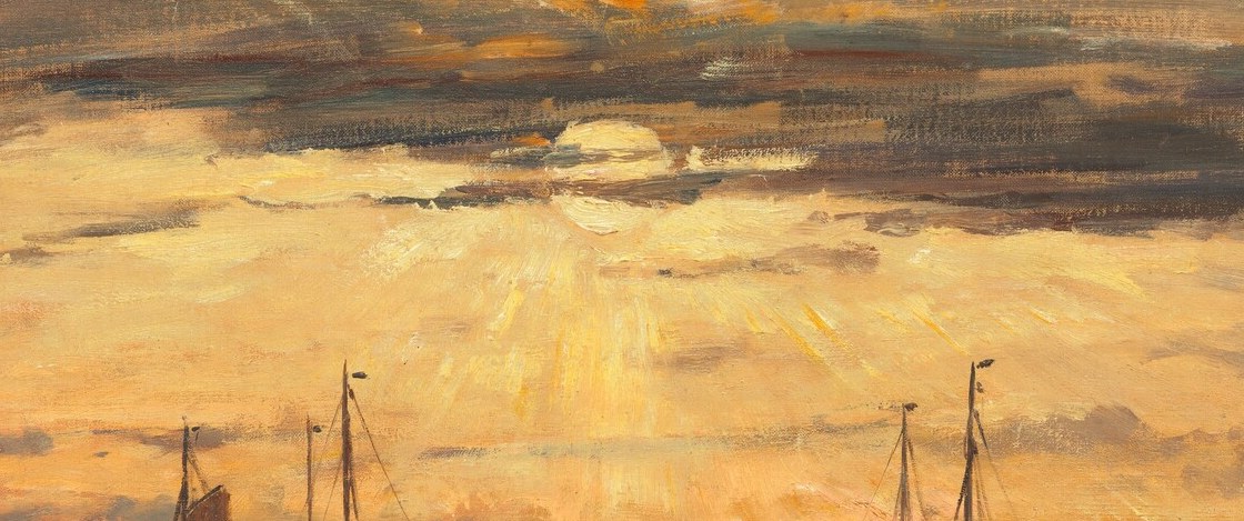 The compositional nucleus; all light in the painting radiates from this point, and its intensity against the silhouetted fleet creates the entire emotional charge of the scene.