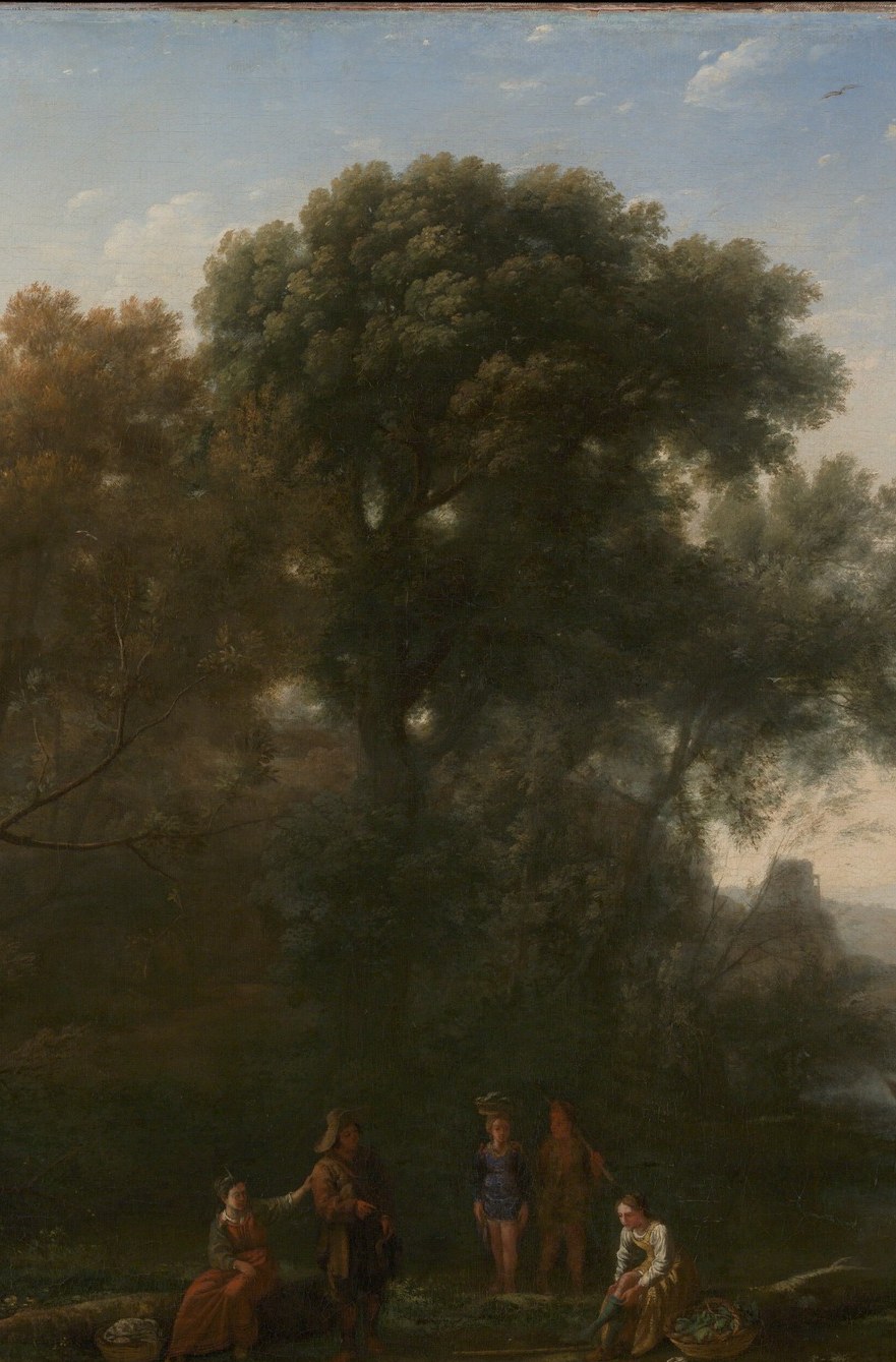 Claude Lorrain's signature coulisse tree , it frames the scene and funnels the eye toward the luminous distance; the layered foliage shows his feathered brushwork.