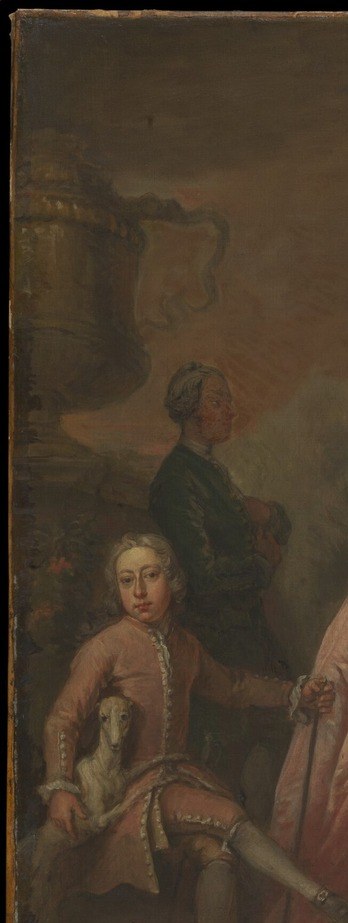 The dark coulisse tree is a direct borrowing from Baroque portraiture via Van Dyck; its shadow gives the figures a stage-lit quality that elevates a domestic gathering toward dynastic grandeur.