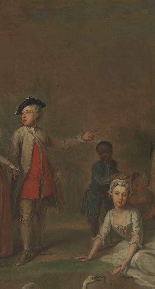 Their wealth is clear: silk, swans, and a confident red coat.