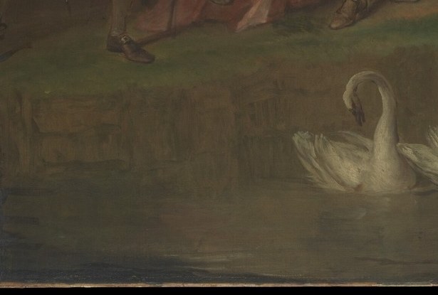 In 18th-century conversation pieces, swans paired on estate water signal marital fidelity and aristocratic parkland , they function as living heraldry reinforcing the family's self-image.
