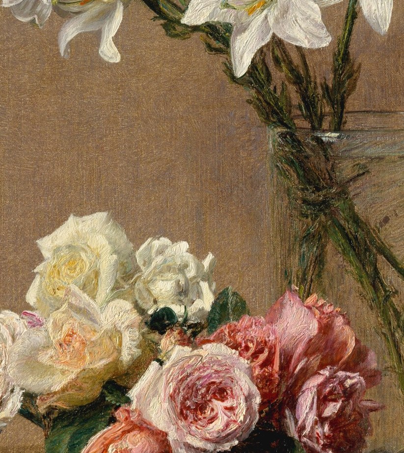 The transparent glass reveals stems submerged in water , Fantin-Latour uses this to demonstrate painterly virtuosity with reflected light and refraction.