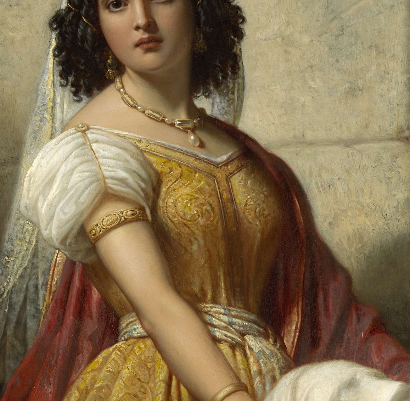 Her costly gown shows Herod's court, where a life was bought.