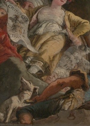 This figure, possibly a musician, adds a touch of earthly pleasure to the celestial scene.