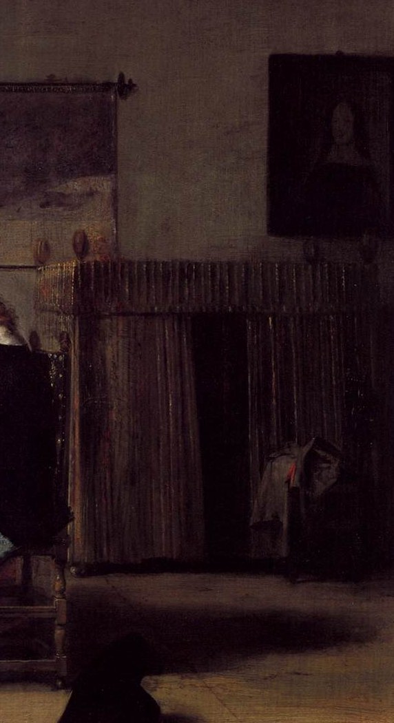 As the recipient of the visit she holds compositional authority , her posture and hand gesture reveal whether this is courtship, commerce, or social call