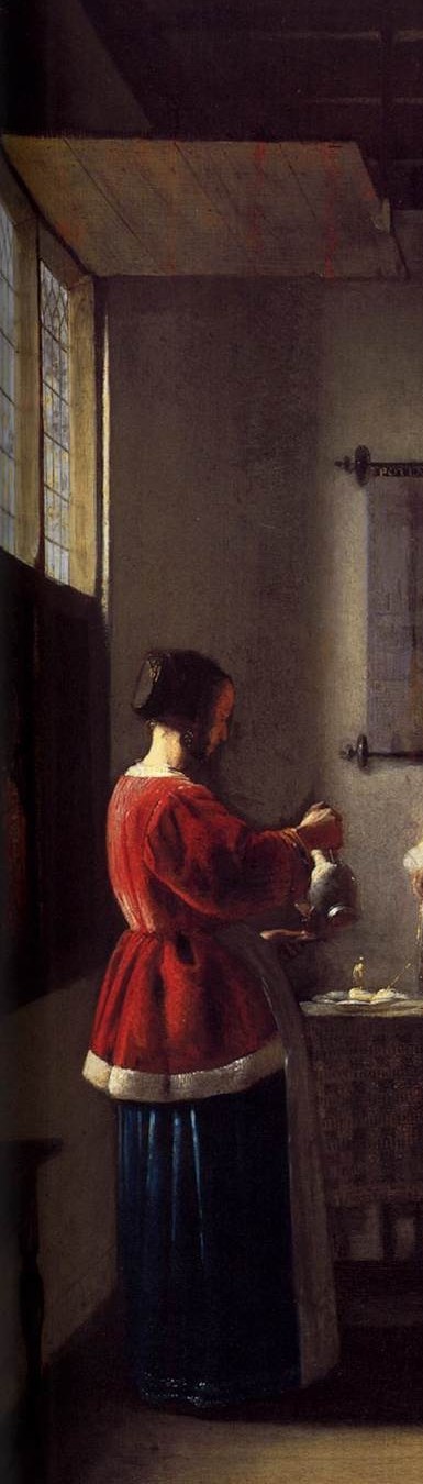 Her vivid red dress anchors the left of the composition , the brightest warm note against the dark interior, implying she is a host or attendant