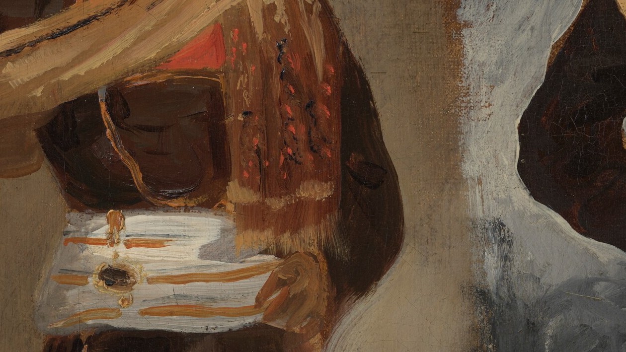 Its loose drape and painterly rendering add a dynamic, flowing quality to the figure's attire.
