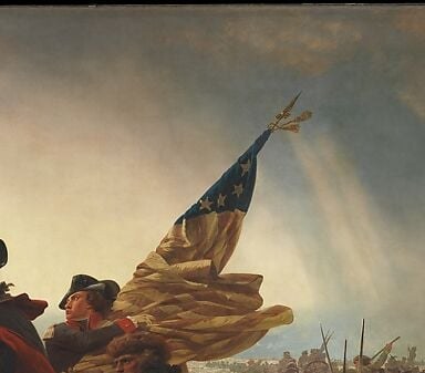 The flag is deliberately anachronistic , the Stars and Stripes didn't yet exist on December 26, 1776; Leutze painted national myth, not historical fact, and this is the tell