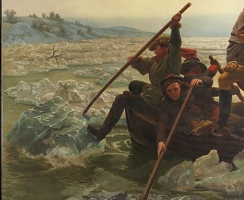 Their hunched backs and braced legs convey brutal physical effort , the human cost of the crossing that Washington's heroic pose alone cannot