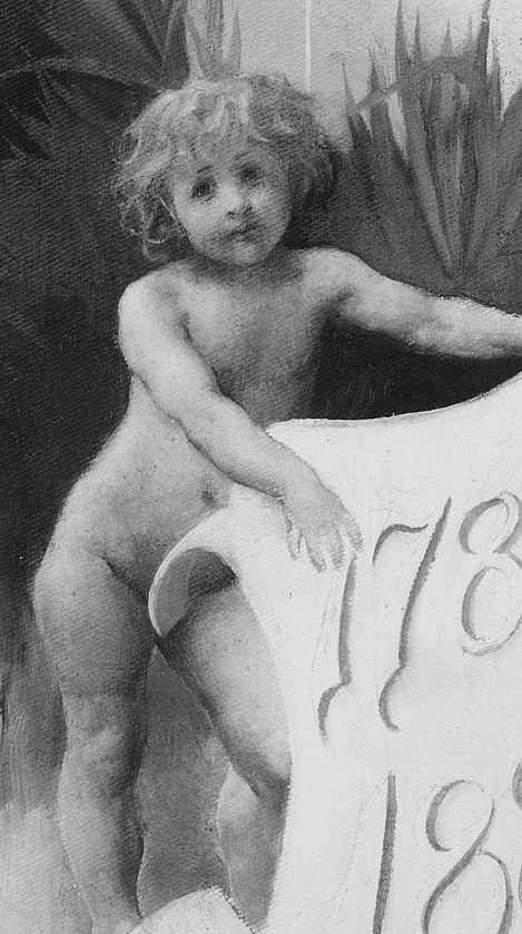 The cherubic putto at her feet symbolizes the future generation.