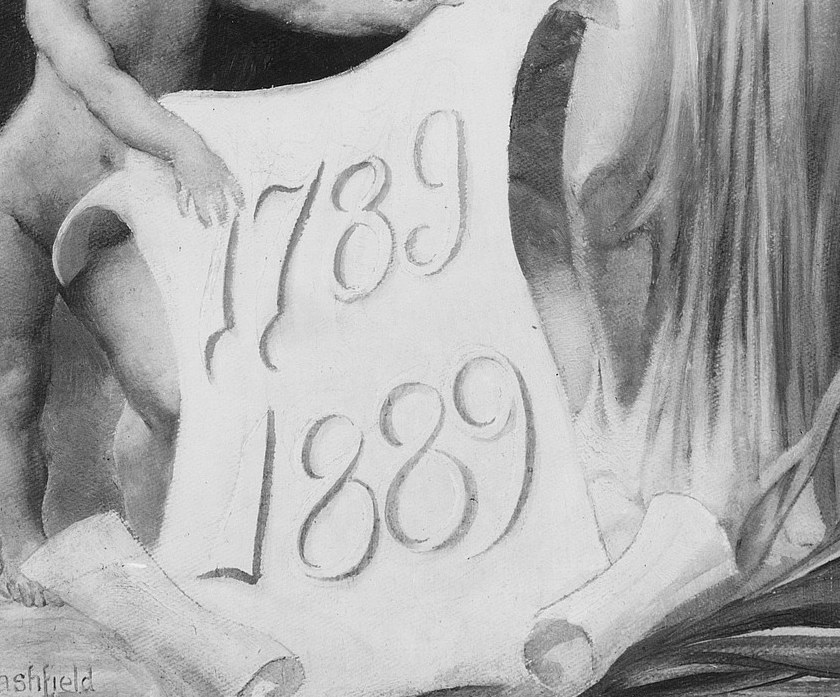 The dates on the scroll mark the Washington Centennial: 1789 to 1889.
