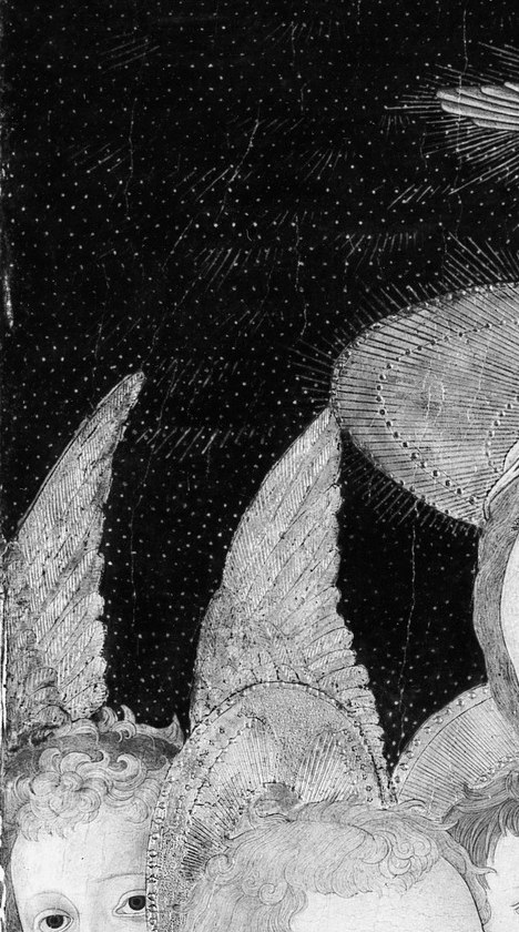 Winged and wide-eyed, this angel's direct outward gaze breaks the picture plane and invites the viewer into the sacred circle.