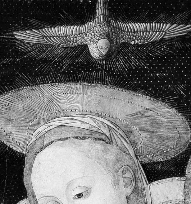 Her tilted head and downcast eyes convey quiet maternal devotion; the central emotional anchor of the composition.