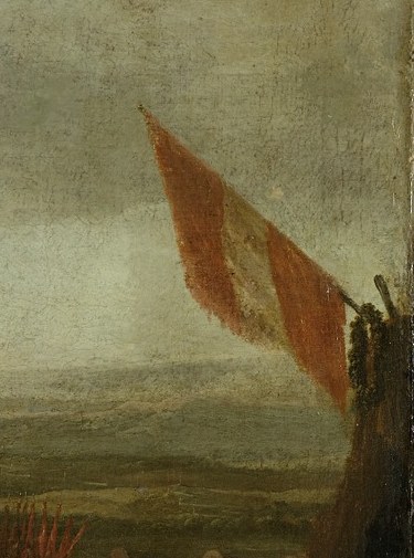 This prominent banner, possibly a regimental standard, adds a splash of color and reinforces the military theme.