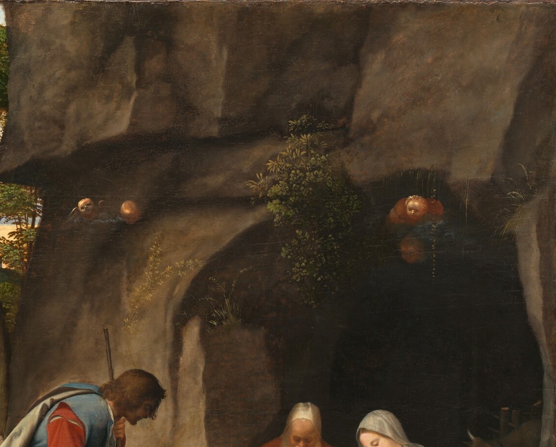 Giorgione uses the cave as a proto-Baroque device: darkness framing light, the earth itself as a womb or threshold , and the rough painted rock texture is a technical showcase.