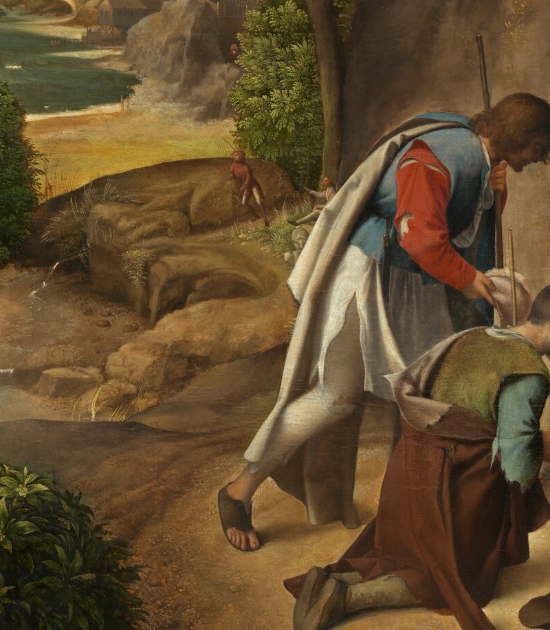 His deep bow , nearly prostrate , is the painting's central gesture of submission and wonder, directing the viewer's eye downward to the infant.