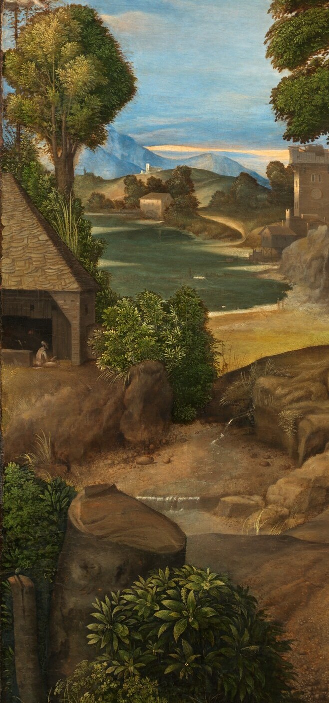 The dominant foreground figure; his weathered posture and plain dress anchor the painting's social contrast , a rough laborer before the divine.
