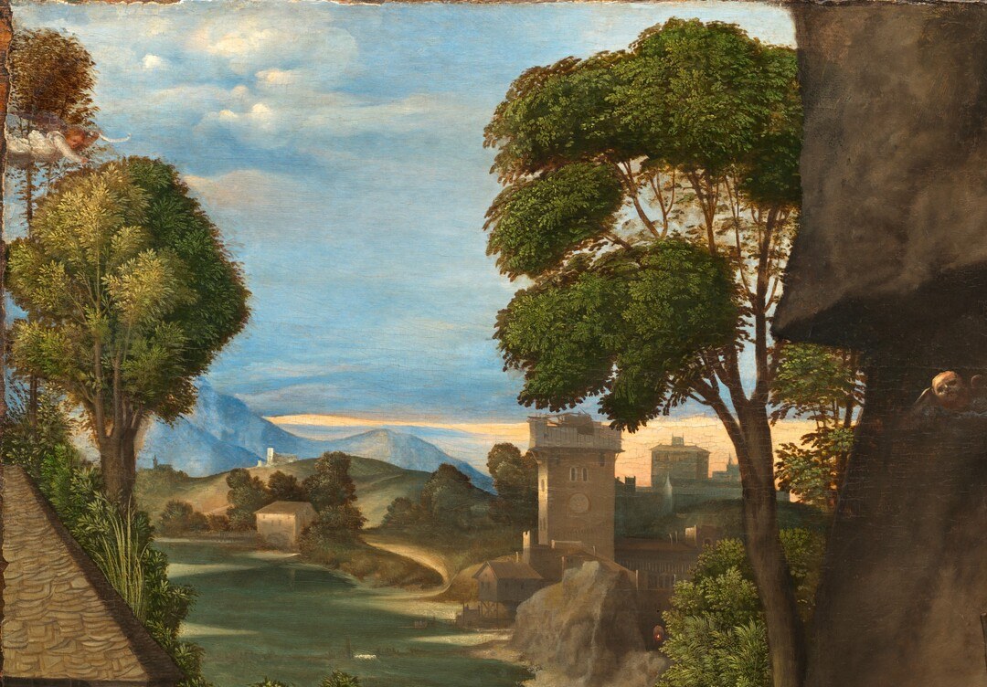 The sfumato-hazed landscape is characteristic Giorgionesque 'poesia' , nature as mood rather than backdrop, the light-filled countryside a theological contrast to the dark cave.