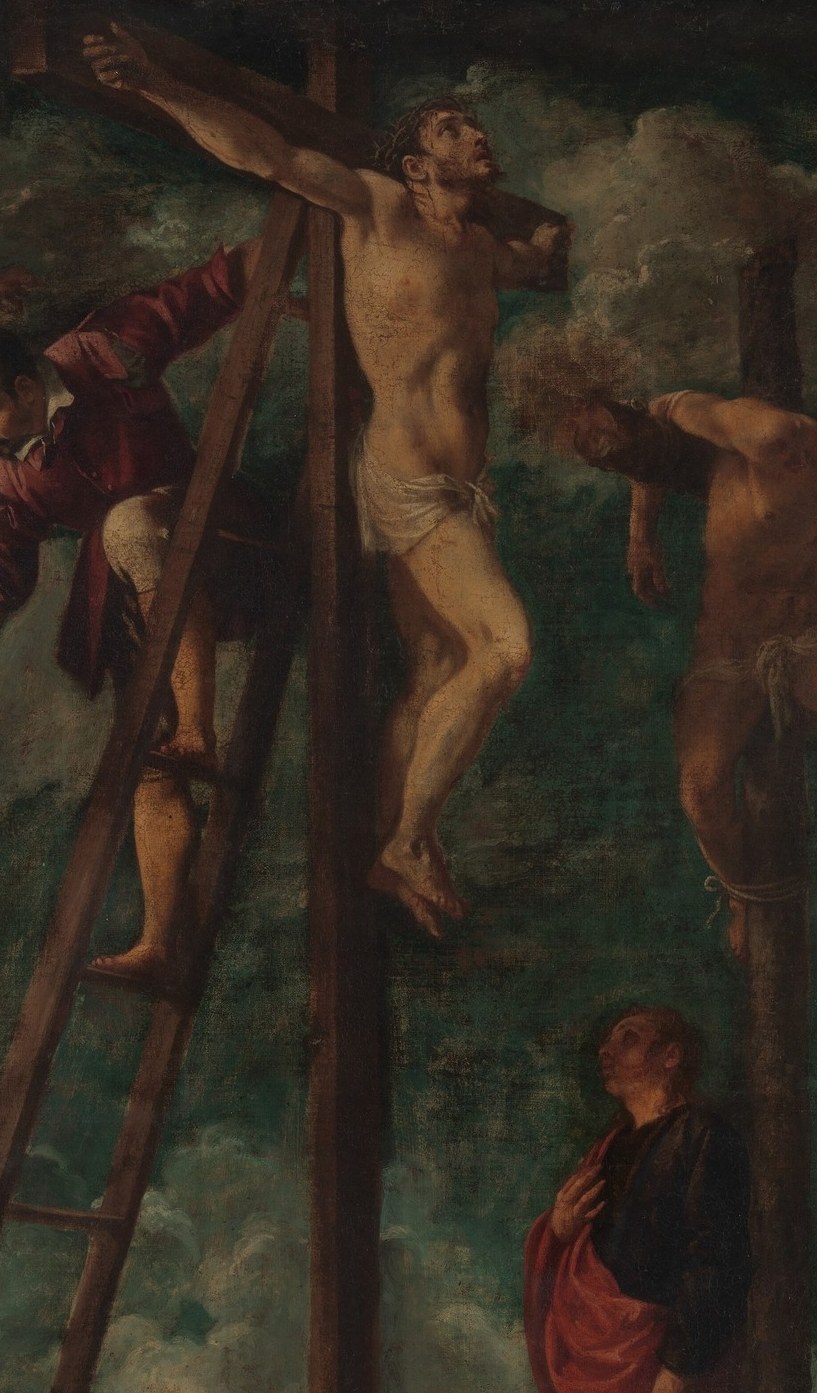The central figure whose outstretched arms and tilted head anchor the entire composition; the focus of grief and theology in the scene.