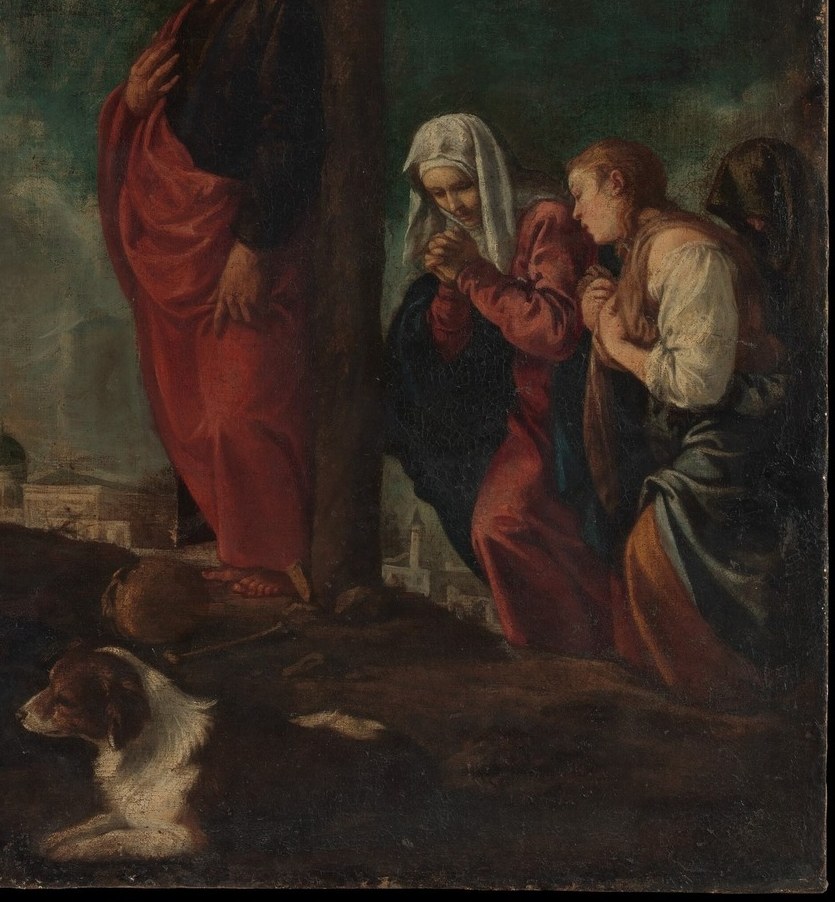 Two or three female figures press close together in sorrow; their gestures of grief and consolation form the painting's most human emotional core.