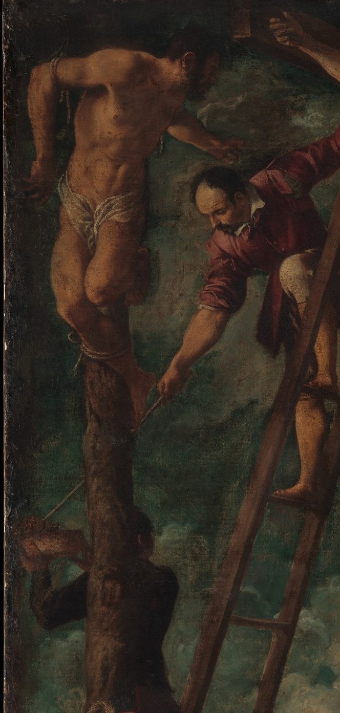 Body twisted in agony, arm straining against the crossbeam , a stark contrast to Christ's resigned posture, showing human suffering vs. divine acceptance.