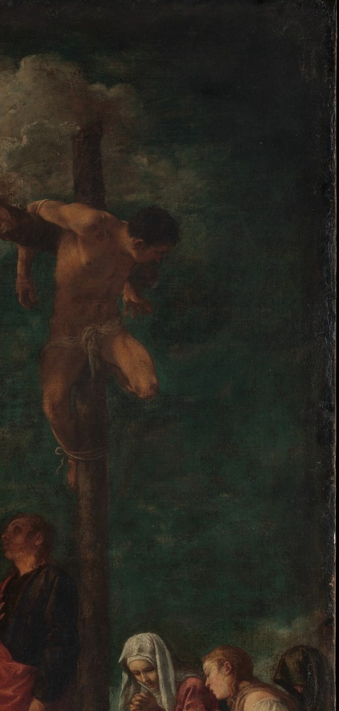 Mirroring the left thief but with distinct posture; the trio of crosses frames the sky and creates the painting's monumental vertical rhythm.