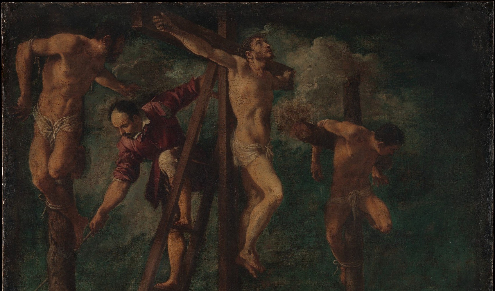 Orrente's dramatic chromatic sky , deep greens bleeding into red , acts as a cosmic witness to the event; unusually vivid and expressionistic for the period.