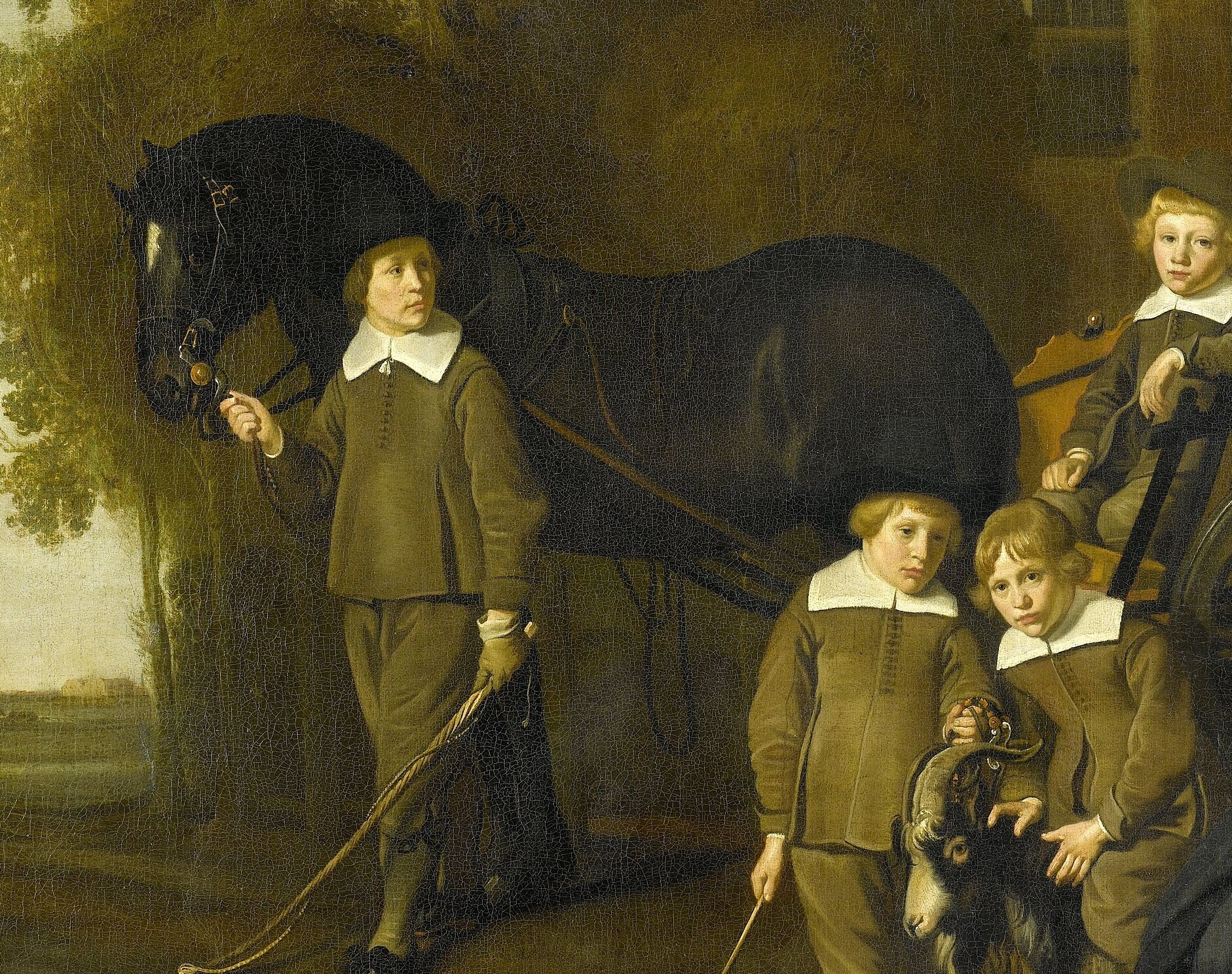 The powerful presence of the horse anchors the left side of the composition and symbolizes status or the family's connection to the land.