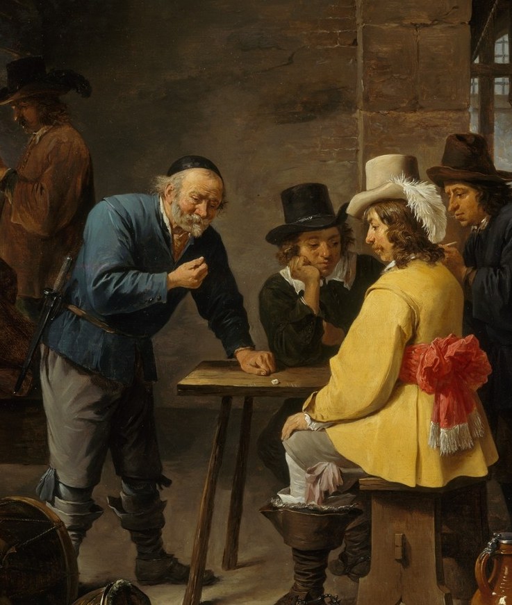 The most saturated warm color in the interior; Teniers plants this anchor deliberately to pull the eye away from the miracle, making the viewer complicit in the guards' obliviousness