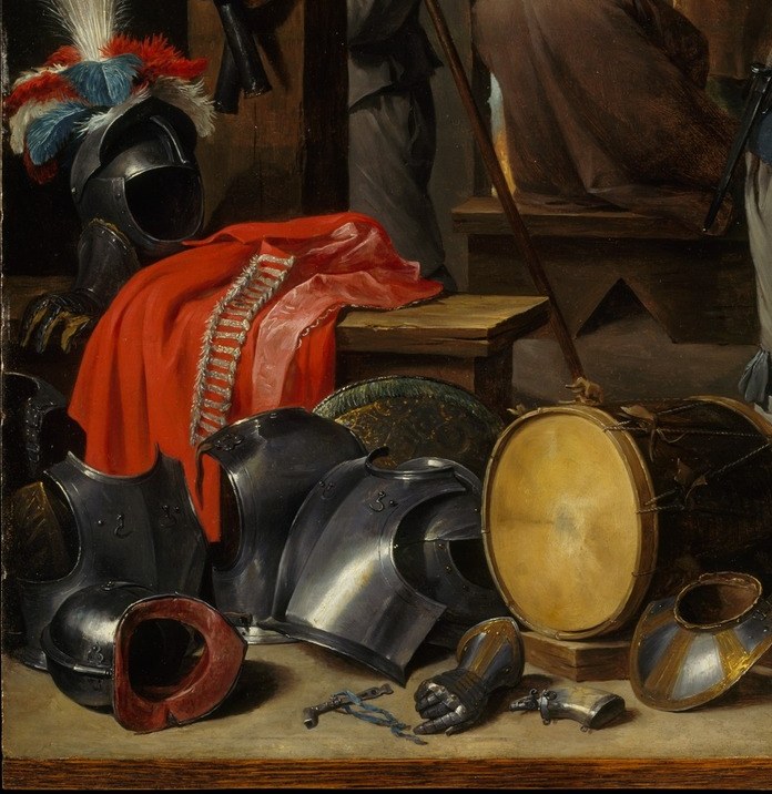 A virtuoso Teniers still-life passage of gleaming metal rendered with tactile precision; the weapons of Peter's captors lie idle and useless on the floor
