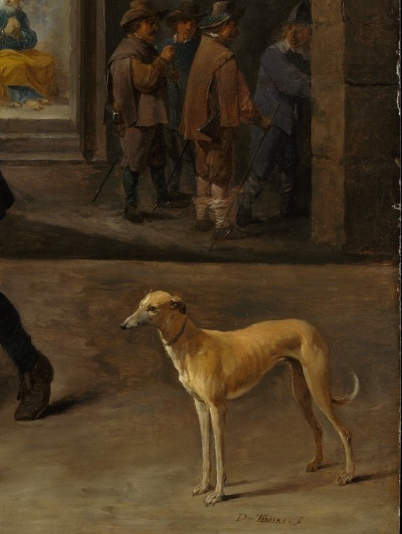 Teniers' signature compositional framing device; the watchdog is not watching , a pointed visual joke about the failure of all security measures against divine will