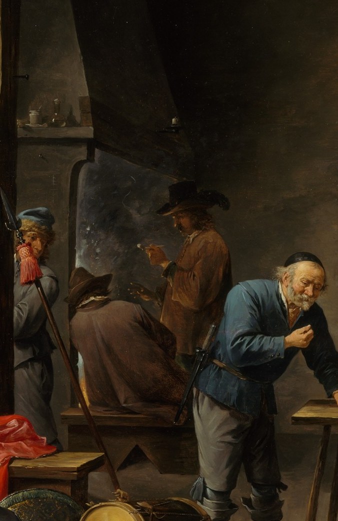 Active posture and gesture signal conversation or card play; his back is turned toward the escape, embodying the theme of human inattention to divine intervention