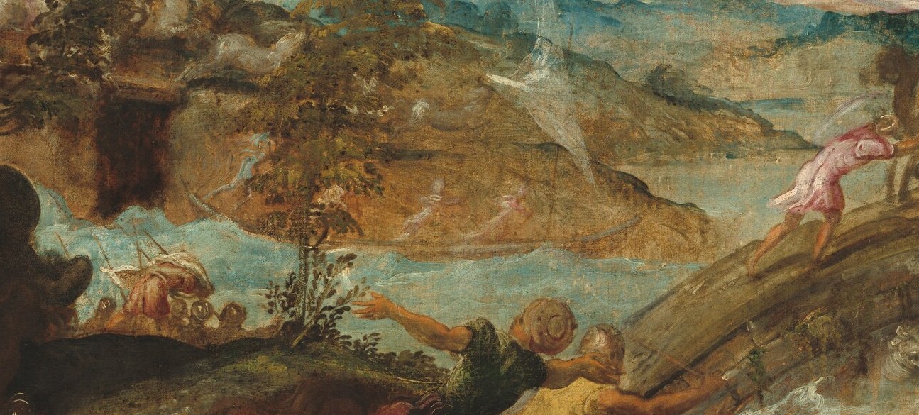 The vast, atmospheric landscape provides a sense of scale and depth, contrasting with the immediate human drama.
