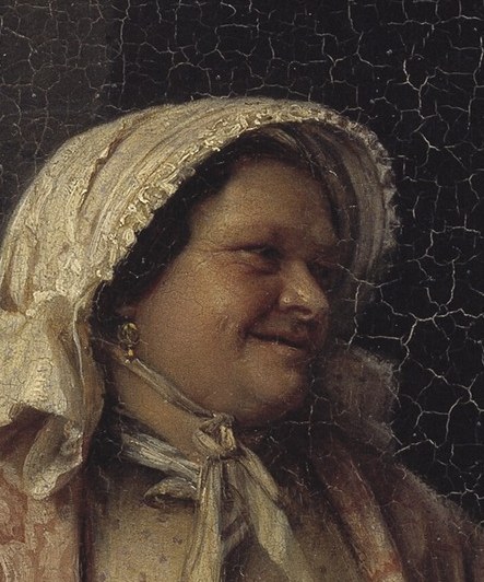 The delicate lace and fabric of the bonnet contrast with the rougher textures of her work, hinting at a touch of domesticity.
