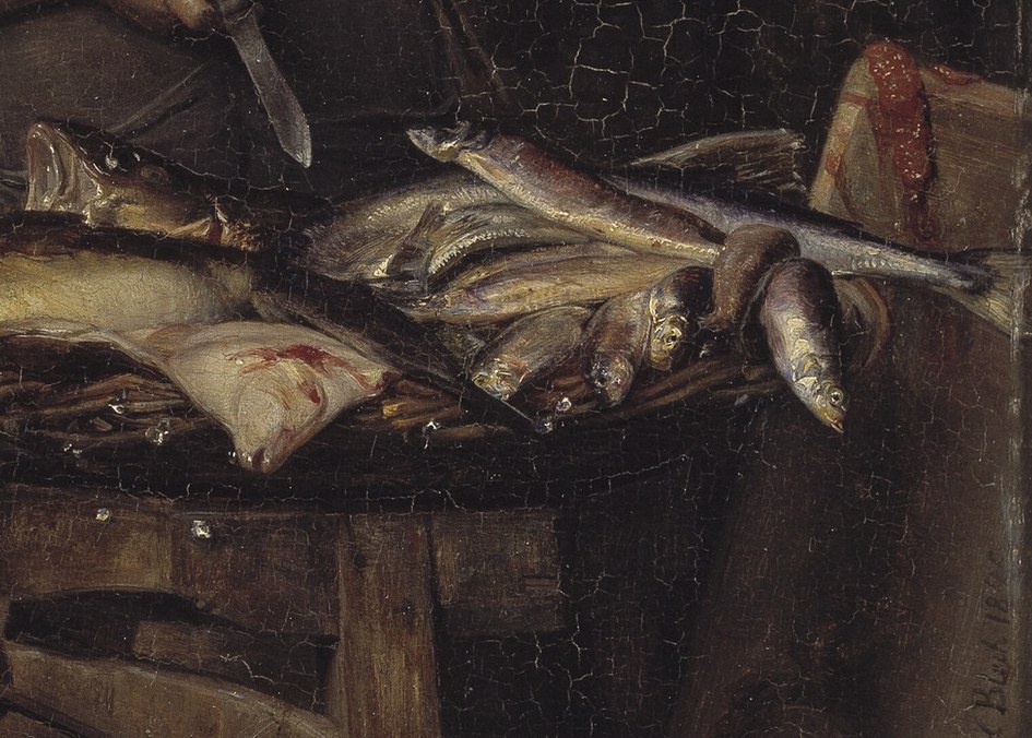 Every detail, from the fish to the scales, shows her trade.