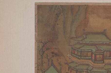 Central architectural anchor of the composition; the curved roof and pillared structure identify a scholar's retreat or aristocratic garden hall, its placement against towering nature follows the Confucian ideal of man in harmony with landscape.