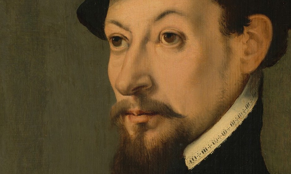 He stares directly out, holding his secrets.