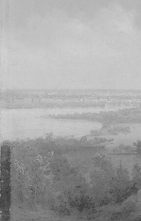 Classic Hudson River School repoussoir , dense, shadowed foliage anchors the left side and pushes the eye toward the luminous distance, a deliberate compositional device.