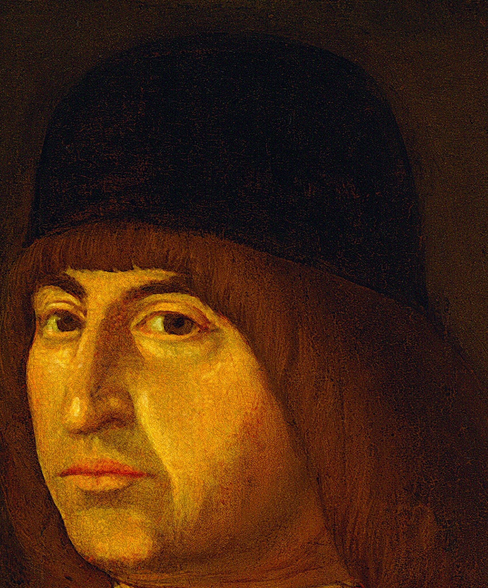 His face is meticulously rendered, seeking inner character.